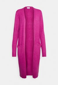 Langer, offener Cardigan in leuchtendem Pink, aus einem weichen, strukturierten Stoff gefertigt. Verfügt über zwei Fronttaschen und gerippte Bündchen.