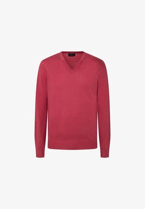 Red V-neck sweater with long sleeves, made of soft fabric, featuring a smooth texture and a fitted silhouette. No patterns or embellishments.