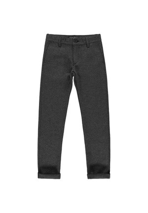 Zwarte broek van een gestructureerde stof, slim fit, met opgerolde mouwen en een knoopsluiting. Eenvoudig ontwerp zonder zichtbare patronen of accenten.