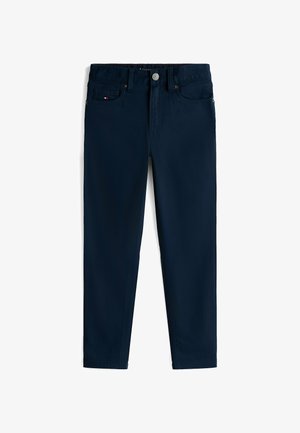 Mørkeblå bukser lavet af blandingsstof i bomuld. Har knaplukning, forlommer og en slim fit-design. Glat tekstur, ingen mønstre.