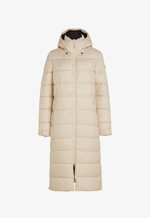 Padded dlouhý kabát v světle béžové barvě s kapucí, předním zipem a bočními kapsami. Obsahuje horizontální prošívání a nastavitelné manžety na rukávech.