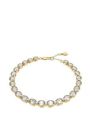 Gold bracelet with oval clear gemstones set in individual bezels, featuring a lobster clasp and adjustable chain with a small charm.