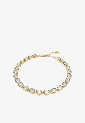 Gold bracelet with oval clear gemstones set in individual bezels, featuring a lobster clasp and adjustable chain with a small charm.