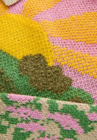 Pull en tricot avec un motif multicolore comprenant des nuances de jaune, rose, vert et marron. Le fil texturé crée de la profondeur dans les visuels.
