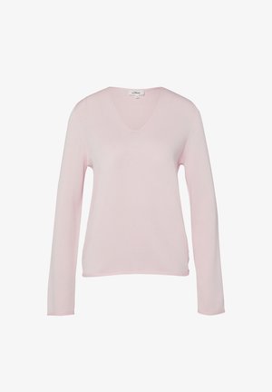 Hellrosa Langarm-Pullover mit V-Ausschnitt, schlanker Passform und nahtlosen Kanten, dargestellt vor weißem Hintergrund.