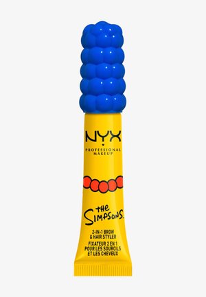 Tube jaune de NYX Professional Makeup avec des perles rouges et le texte "The Simpsons", surmonté d'un capuchon bleu texturé ressemblant aux cheveux de Marge Simpson.