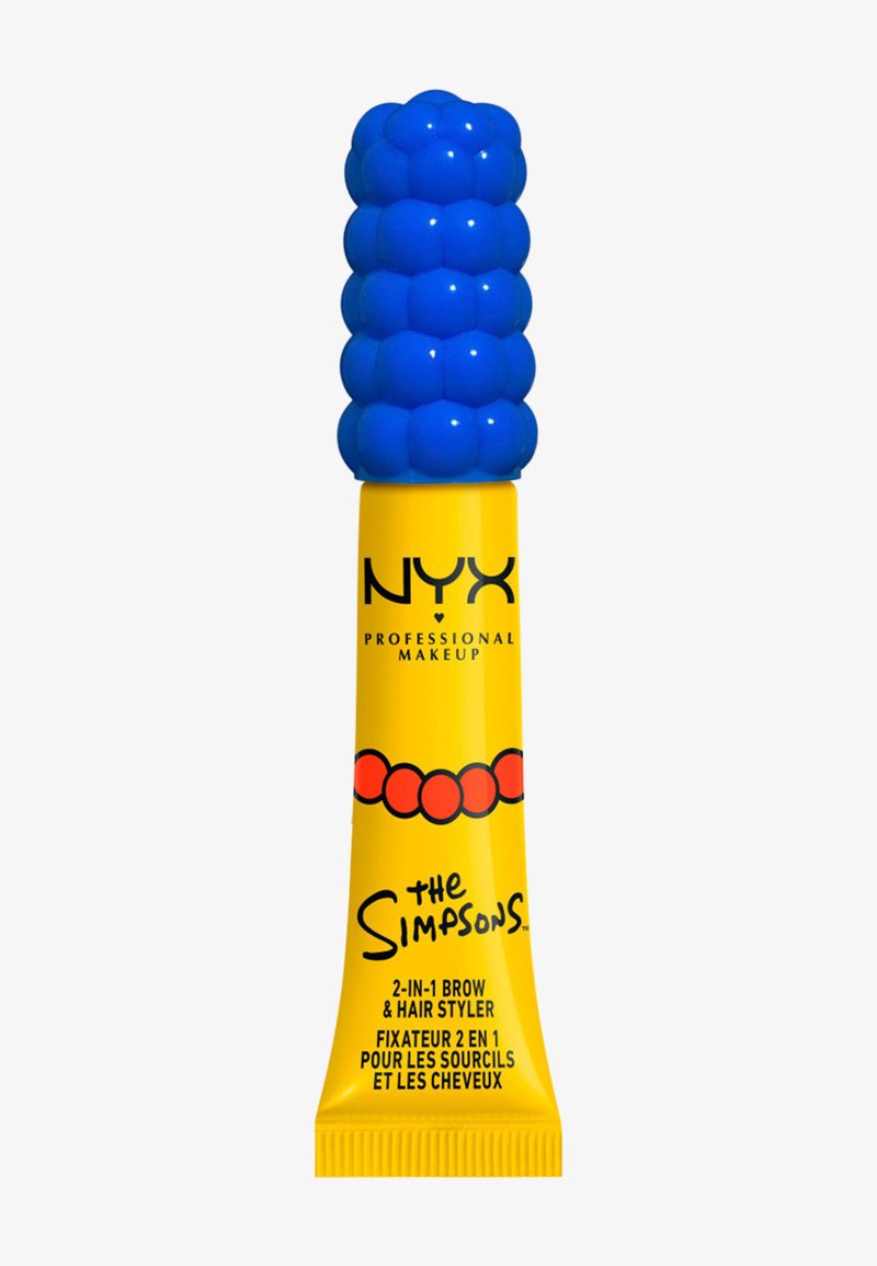 Tube jaune de NYX Professional Makeup avec des perles rouges et le texte "The Simpsons", surmonté d'un capuchon bleu texturé ressemblant aux cheveux de Marge Simpson.