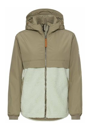 Hooded jas met een bruin bovenste laag en een lichtgroene schapenwollen onderkant, voorzien van een volledige rits, zijzakken en een bruin leren accent op de rits.
