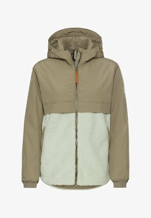 Kurtka z kapturem z beżową górną warstwą i jasnoszarym futrem na dole, z pełnym zamkiem błyskawicznym, bocznymi kieszeniami i brązowym skórzanym akcentem przy zamku.