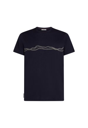 T-shirt in cotone blu navy con maniche corte e colletto rotondo, con un design a linea ondulata in beige chiaro che attraversa il petto.