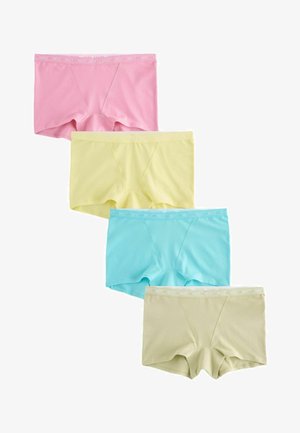 Four folded seamless cotton boxer briefs in pink, yellow, blue, and beige, arranged vertically on a white background.