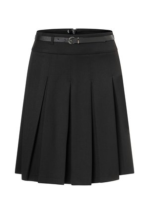 Black pleated skirt with a fitted waist, featuring a removable black belt and a zip closure at the back. Made from smooth fabric.