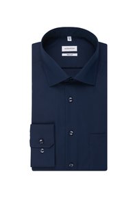 Navyblauwe dress shirt van gladde stof, met een button-down kraag, lange mouwen met ronde manchetten en een borstzak.