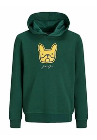 Groene katoenen hoodie met een voorkantgrafiek van een gelige Franse bulldog gezicht. Heeft een capuchon en ribgebreide manchetten en zoom.