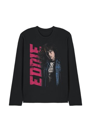 Black long-sleeve shirt with graphic of a person in a denim jacket and red vertical text reading "EDDIE" on the left side.