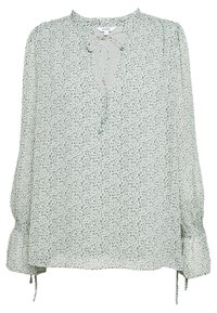 Ljusgrön blus i genomskinligt tyg, med blommönster, knytning vid halsen, uppsamlade ärmar och justerbara manschetter.