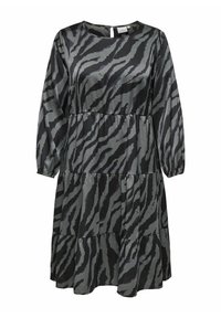 Tummanharmaa mekko, jossa on tiikeri raidallinen kuvio, kerroksellinen muotoilu, pitkät hihat, pehmeä satiinipinta ja avainaukko takana.