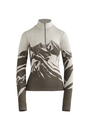 Dlhý rukáv pulóver v béžovej a hnedej farbe, so štýlovým grafickým dizajnom hory, vysokým golierom a predným zipsom. Mäkká pletená textúra.