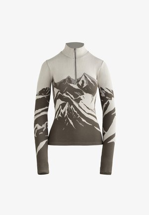 Pulover z dolgimi rokavi v bež in rjavi barvi, ki ima grafikonsko zasnovo gore, visok ovratnik in sprednji zadrgo. Mehka pletenina.