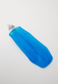 Blue silicone water bottle with a flexible design, tapered shape, and textured grip, featuring a silver cap and nozzle for easy sipping.