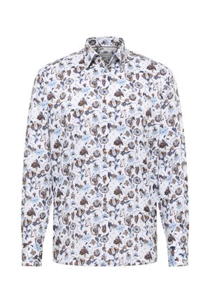 Hvid langærmet skjorte med knapper, blå og brunt blomsterprint, spids krave og brune knapper foran.
