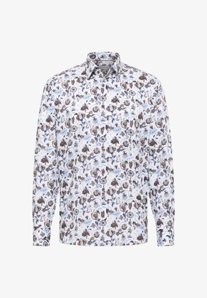 White long-sleeve button-up shirt with blue and brown floral pattern, pointed collar, and brown buttons down the front.