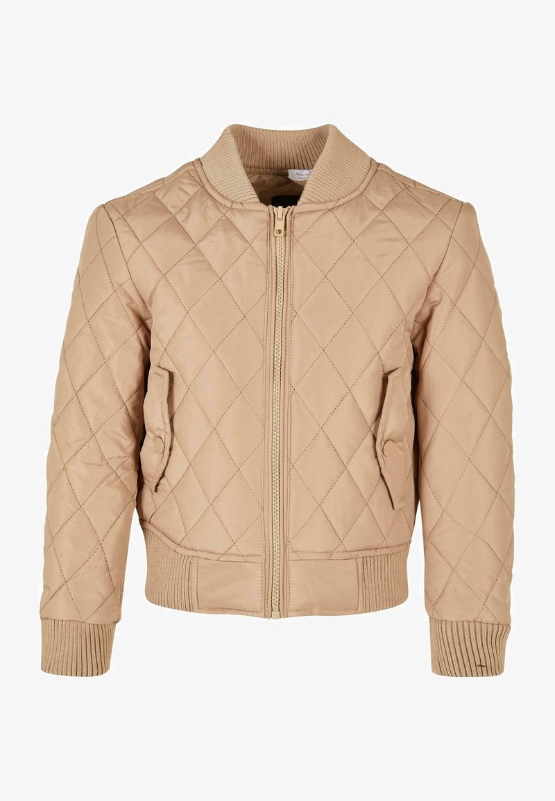 Beżowa pikowana kurtka bomberka z przednim zamkiem błyskawicznym, prążkowanym kołnierzem, mankietami, dołem oraz dwoma kieszeniami z patkami zapinanymi na zatrzaski.