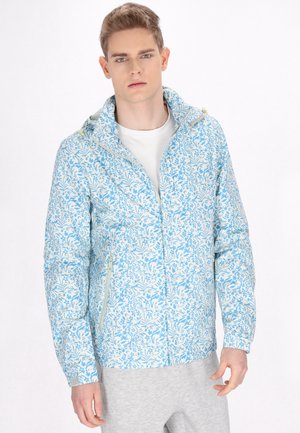 Lichte hooded jas met een blauw bloemenpatroon op een witte achtergrond, voorzien van ritszakken en elastische manchetten.