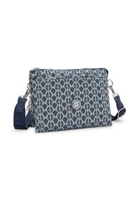 Borsa a tracolla blu con motivo geometrico, dotata di logo argentato e tracolla regolabile. Realizzata in tessuto leggero.