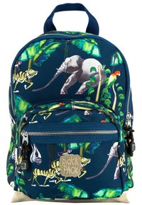Navyblauwe rugzak met jungle dieren zoals een olifant en een tijger, omringd door groene bladeren. Gestructureerde stof met een voorvak met rits.