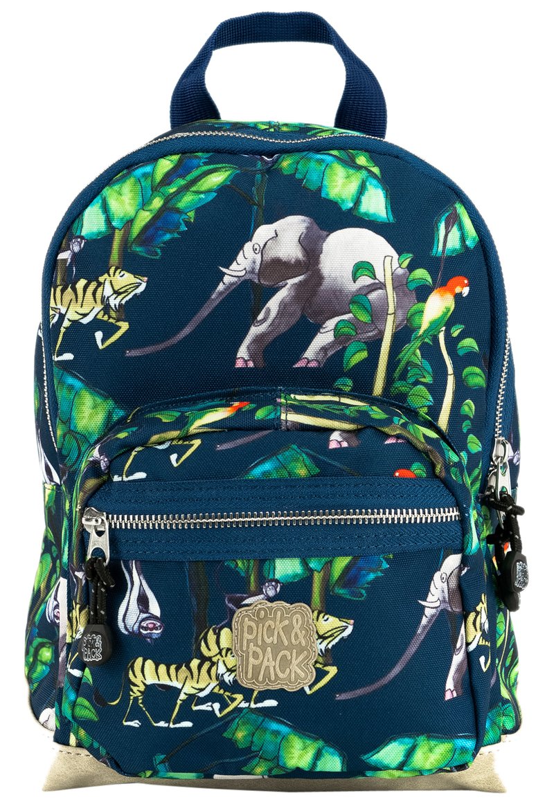 Navyblauwe rugzak met jungle dieren zoals een olifant en een tijger, omringd door groene bladeren. Gestructureerde stof met een voorvak met rits.