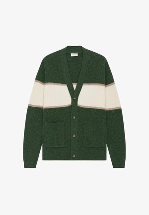 Green, ribbed knit cardigan featuring a V-neck, cream and beige horizontal stripes, two front pockets, and five buttons down the front.