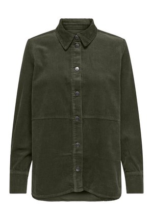 Chemise en velours côtelé vert foncé à boutons, manches longues et col classique, avec une couture visible au niveau de la taille.