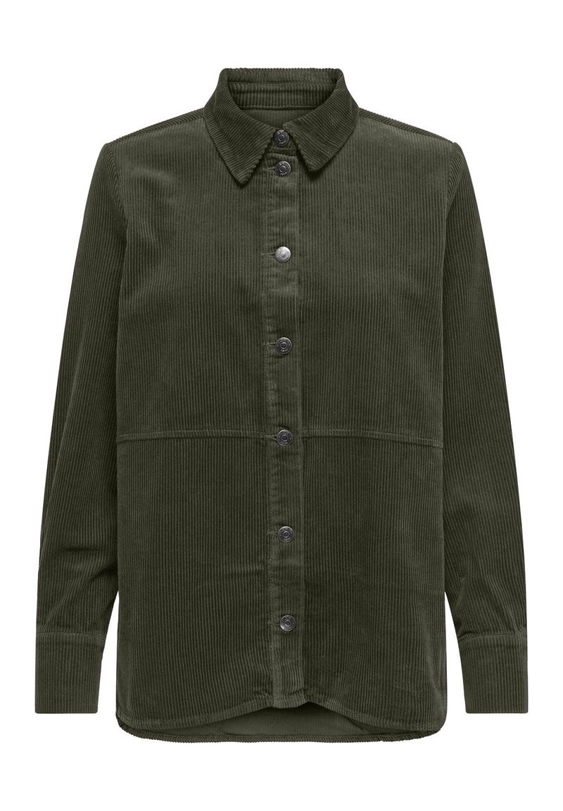 Chemise en velours côtelé vert foncé à boutons, manches longues et col classique, avec une couture visible au niveau de la taille.