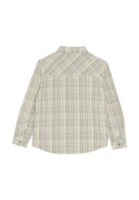 Långärmad rutig skjorta i kräm, grön och gul. Bomullstyg med knäppmanschetter. Bakdelen har en yoke-design med diagonala linjer.