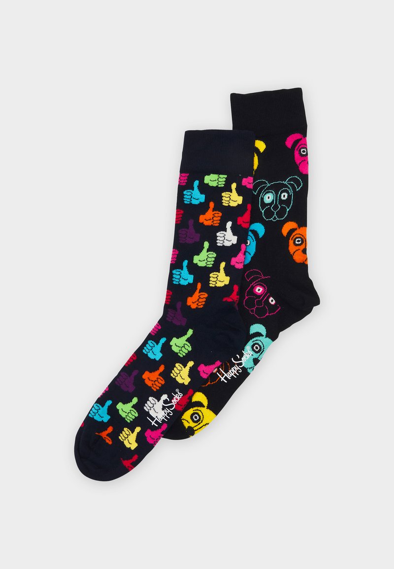 Kleurige sokken met een patroon van duim omhoog iconen in verschillende kleuren op de ene sok, en hondengezichten in felle kleuren op de andere. Katoenmix.