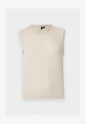 Top de punto beige sin mangas con textura y escote redondo, presentado sobre un fondo liso gris claro.