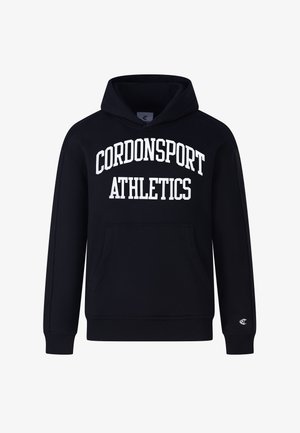 Schwarzer Hoodie aus Baumwolle mit einer vorderen Kängurutasche, ausgestattet mit dem Text „CORDONSPORT ATHLETICS“ in fetten weißen Buchstaben über der Brust.