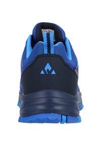 Blå sportskor med en ventilerande meshovandel, vadderad krage, texturerade svarta detaljer och en hållbar blå gummisula.