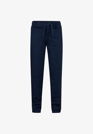 Granatowe, casualowe spodnie dresowe z elastycznym paskiem i sznurkiem do regulacji, zwężanymi nogawkami i ściągaczami przy kostkach.