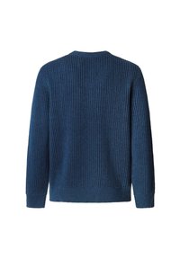 Maglione blu a coste con collo rotondo, caratterizzato da un motivo testurizzato e maniche lunghe, mostrato dal retro. Nessun hardware visibile.