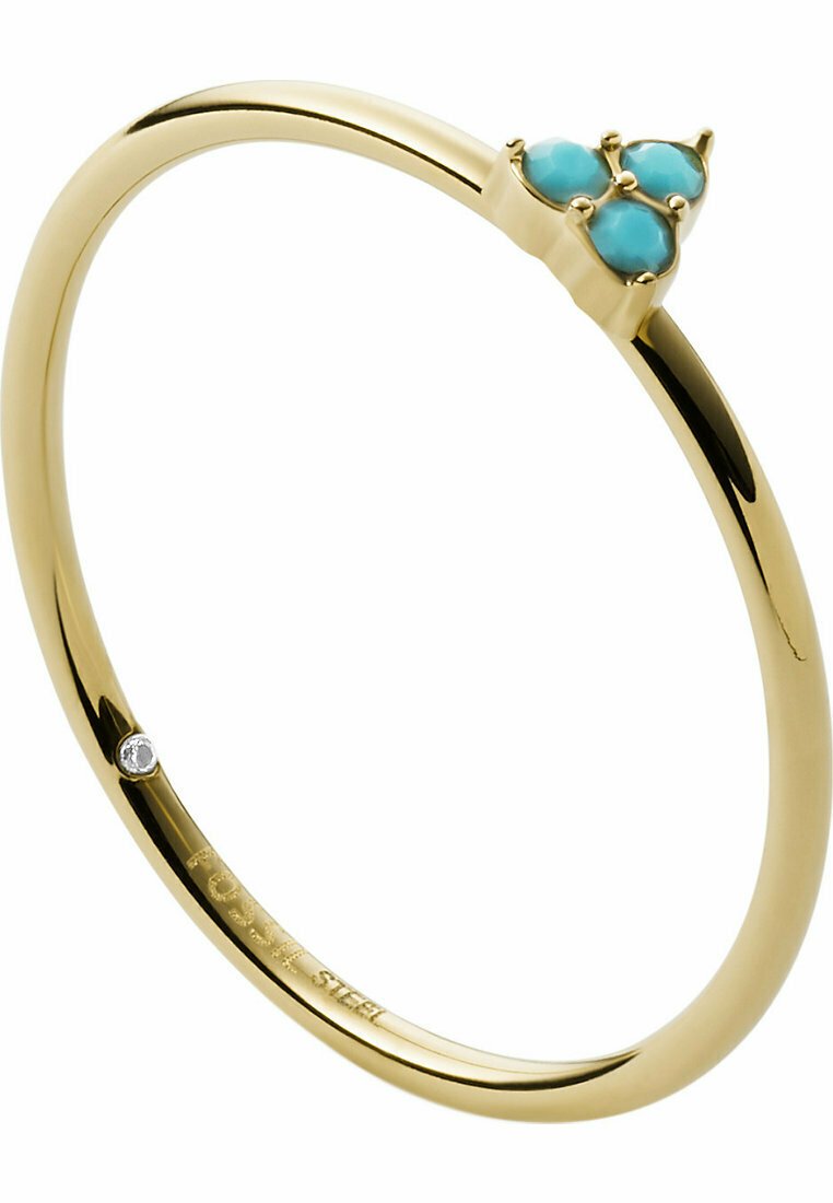 Goudkleurige bangle armband van roestvrij staal, voorzien van drie turquoise stenen en een kleine heldere steen als accent. Glad oppervlak.
