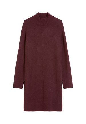 Langarm, hochgeschlossenes Strickkleid in tiefburgunder mit geripptem Kragen, Bündchen und Saum.