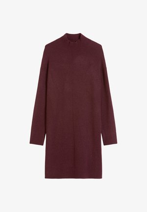 Long-sleeve, high-neck knit sweater dress in deep burgundy with a ribbed collar, cuffs, and hem.