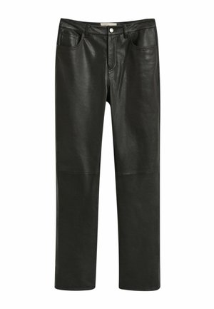 Schwarze Lederhosen mit geradem Bein, ausgestattet mit Vordertaschen und einer glatten Textur. Keine sichtbaren Muster oder Akzente.