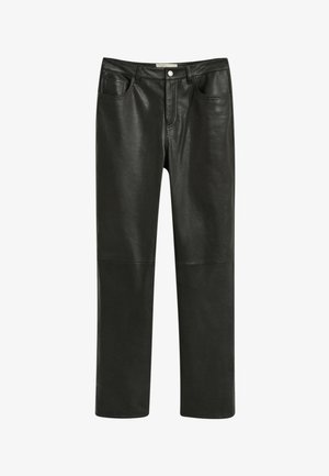 Zwarte leren broek met een rechte pijp, met voorzakken en een zachte textuur. Geen zichtbare patronen of accenten.