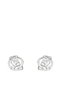 Ett par silverörhängen i form av abstrakta rosor med öppet arbetad pedaldesign på vit bakgrund.