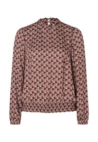 Langslurf blouse in een bordeauxrood en crème geometrisch patroon. Heeft een geraffineerde halslijn en een elastische onderrand voor een nauwsluitende uitstraling.