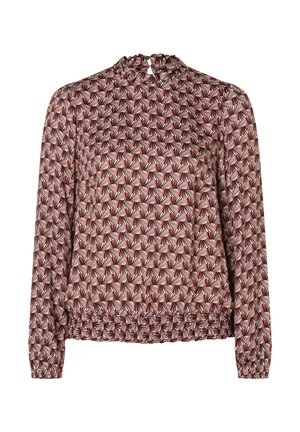 Langslurf blouse in een bordeauxrood en crème geometrisch patroon. Heeft een geraffineerde halslijn en een elastische onderrand voor een nauwsluitende uitstraling.