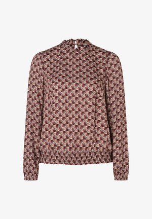 Long-sleeve blouse in a maroon and cream geometric pattern. Features a gathered neckline and elasticized hem for a fitted look.
